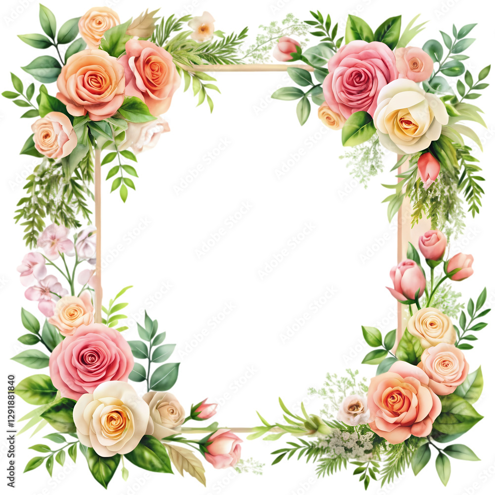 Floral Frame: Peach Roses Border isolated on transparent background Floral Frame: Peach Roses Border isolated on transparent background