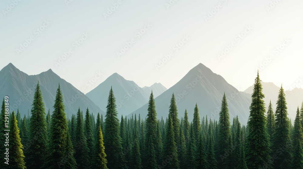 Fototapeta premium A serene landscape featuring towering mountains behind lush evergreen trees under a clear sky.