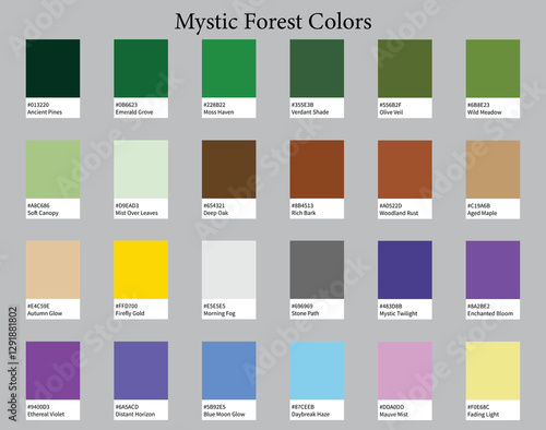Color Palettes 24 Colours of Mystic Forest - Woodland, Deep, Earthy, Bright Colors - with HEX Codes and Names, Colour Scheme and Combinations
