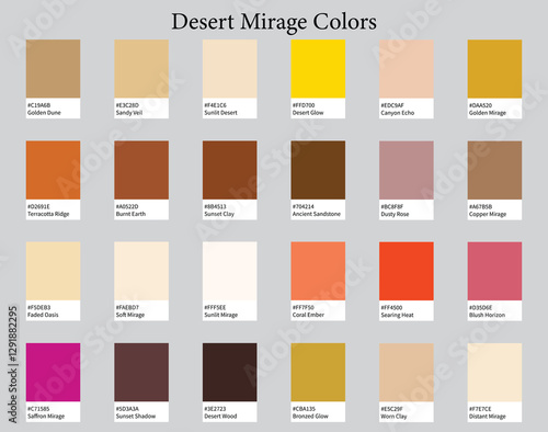 Color Palettes 24 Warm Colours of Desert Mirage - Earthy, Golden, Deep, Bright Colors - with HEX Codes and Names, Colour Scheme and Combinations