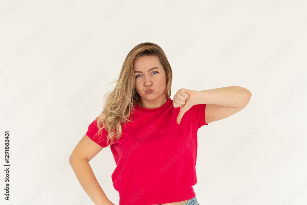 Young sad displeased unhappy woman wear red t-shirt showing thumb down dislike gesture isolated on white background studio portrait. People lifestyle concept Young sad displeased unhappy woman wear red t-shirt showing thumb down dislike gesture isolated on white background studio portrait. People lifestyle concept