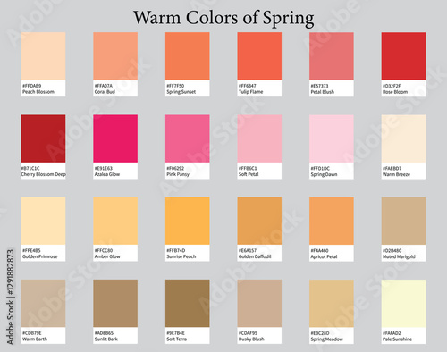 Color Palettes 24 Warm Shades of Spring - Orange, Pink, Brown, Red, Bright Colors - with HEX Codes and Names, Colour Scheme and Combinations