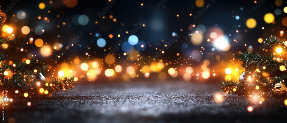 Naklejka premium Christmas tree decorated with lights and surrounded by snow in a festive indoor setting