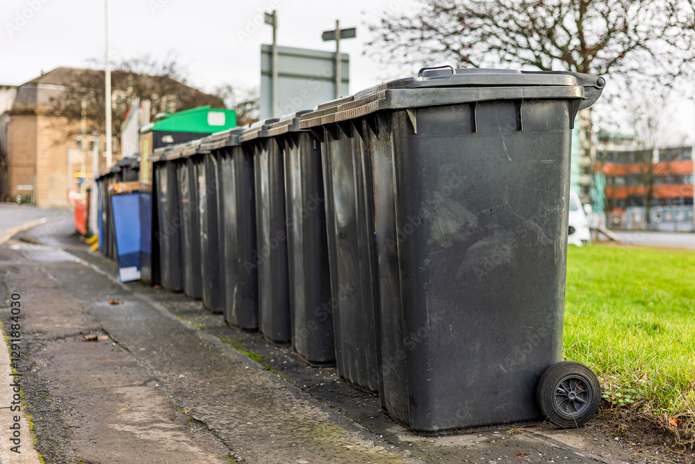 Row of Black Waste Recycling Wheelie Bins on Kerbside in Urban Residential Area Row of Black Waste Recycling Wheelie Bins on Kerbside in Urban Residential Area