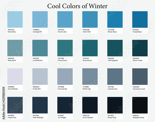 Color Palettes 24 Cool Shades of Winter - Blue, Purple, Deep Colors - with HEX Codes and Names, Colour Scheme and Combinations