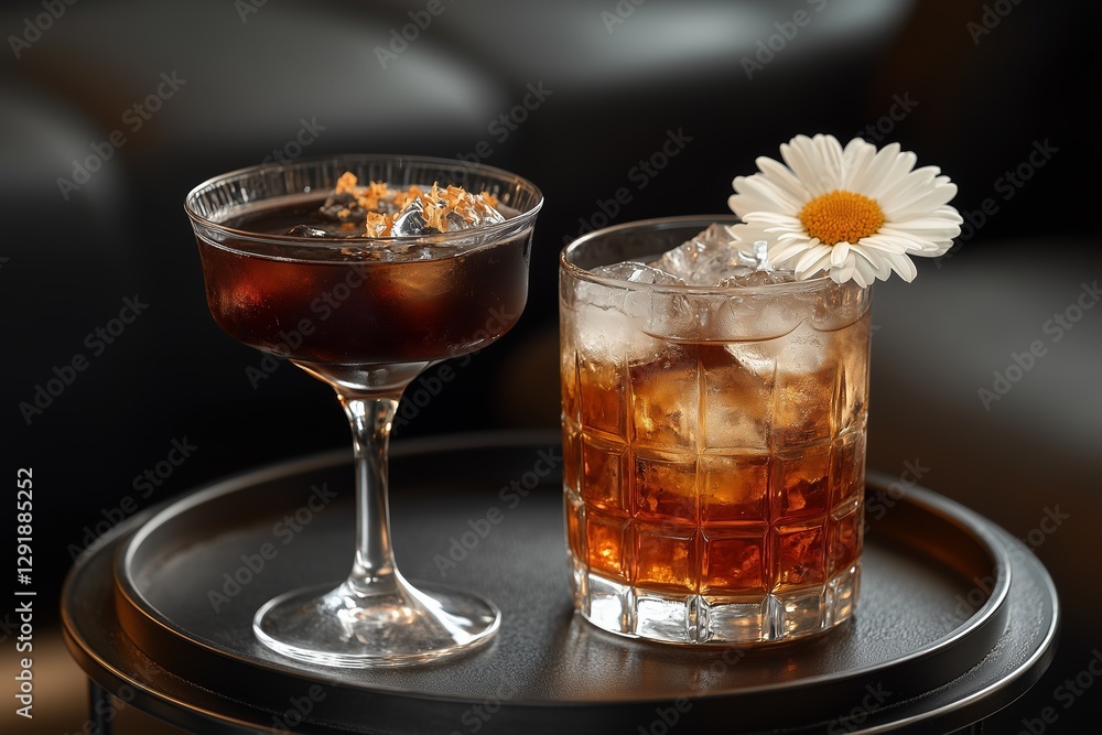 Two stylish cocktails on a black tray, one garnished with a delicate flower, creating a sophisticated bar ambiance. Two stylish cocktails on a black tray, one garnished with a delicate flower, creating a sophisticated bar ambiance.