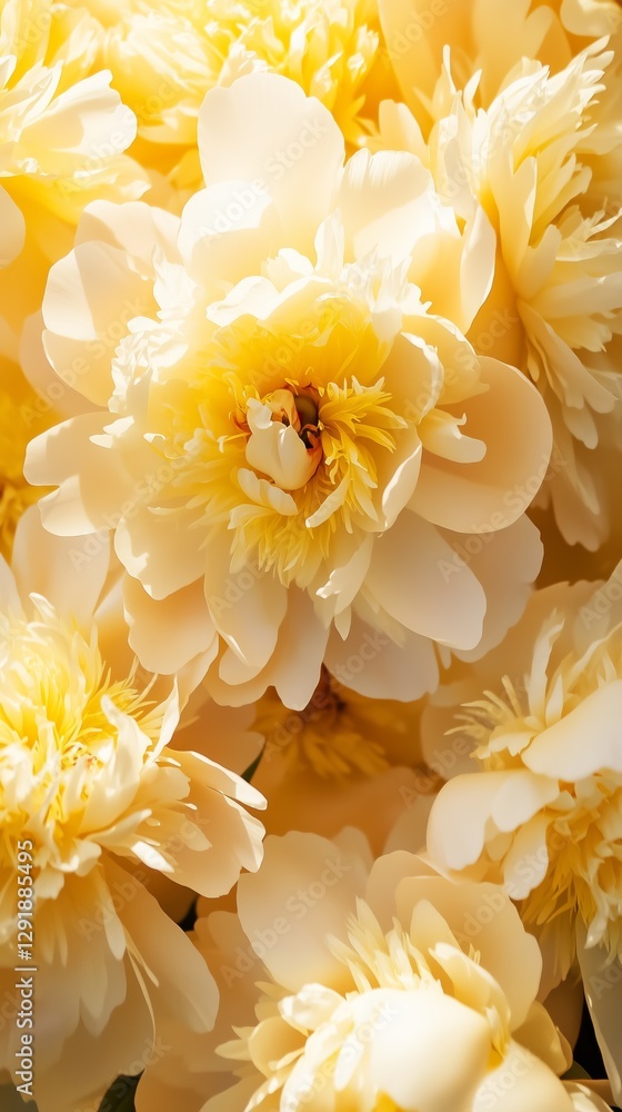 A vibrant cluster of yellow peonies showcasing their lush, full blooms under soft, natural light. A vibrant cluster of yellow peonies showcasing their lush, full blooms under soft, natural light.