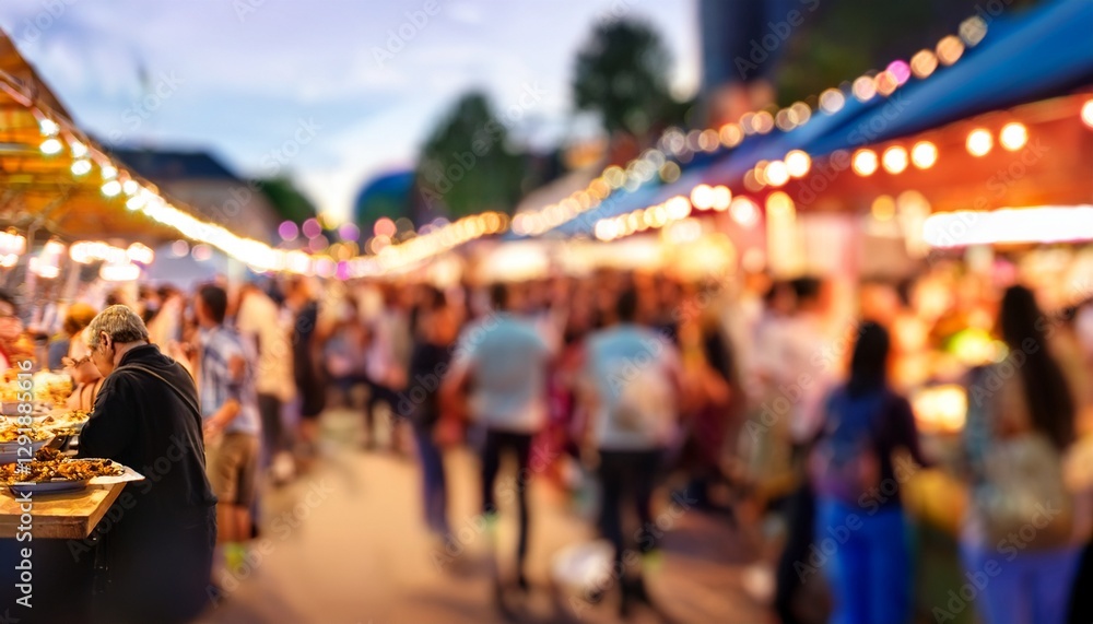Fototapeta premium Blurred Background of a Vibrant Food Festival Scene – Lively Crowds Gathered Around Various Food Stalls, Enjoying Delicious Dishes and a Festive Atmosphere in an Outdoor Market