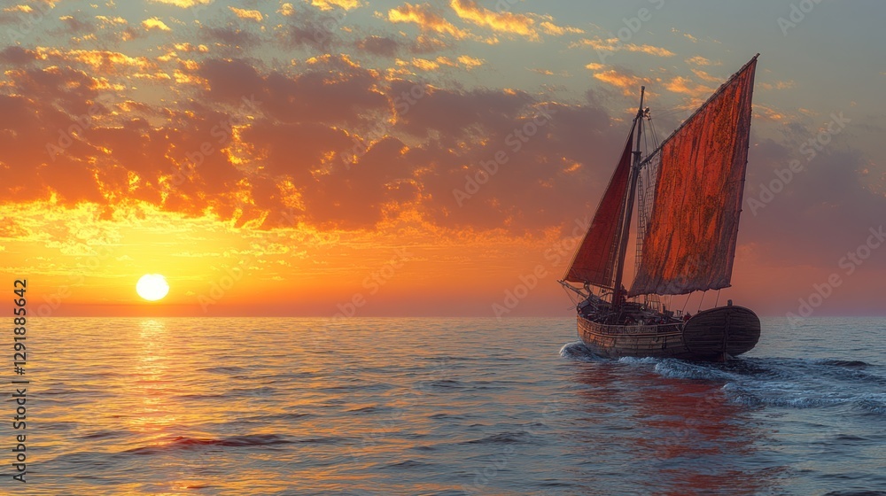 Fototapeta premium Sunset sailboat ocean voyage dramatic sky travel