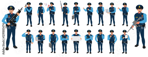 
Police Officer Character Design Model Sheet. Man, Character design. Front, side, back view and explainer animation poses. Character set with lip sync and Walk cycle animation sequences.
