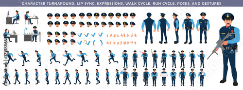 
Police Officer Character Design Model Sheet. Man, Character design. Front, side, back view and explainer animation poses. Character set with lip sync and Walk cycle animation sequences.
