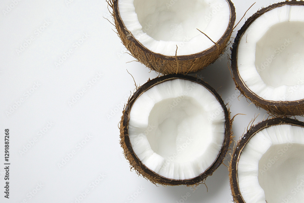 Four halved coconuts with rough brown shells and smooth white flesh arranged on a white background. Perfect for food, tropical, and natural product themes