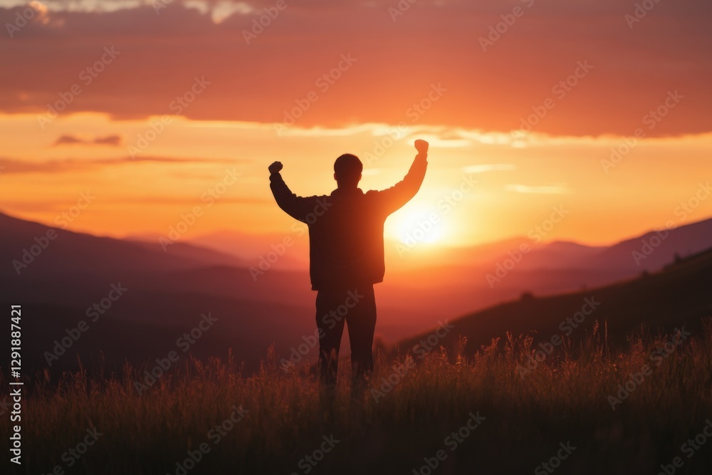 Man Silhouette Celebrating Success at Sunset Man Silhouette Celebrating Success at Sunset