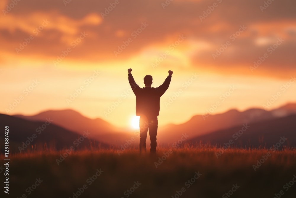 Silhouette of a person with arms raised at sunset Silhouette of a person with arms raised at sunset