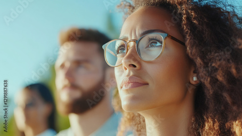 Group of colleagues looking up with hope and confidence, contemplating their future success