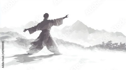 Silhouette of a person practicing Tai Chi Chuan in a serene mountain landscape.