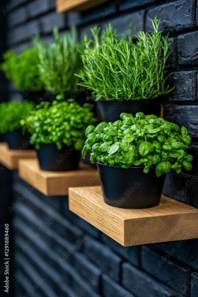 Vertical garden display featuring fresh herbs on wooden shelves against a dark wall Vertical garden display featuring fresh herbs on wooden shelves against a dark wall