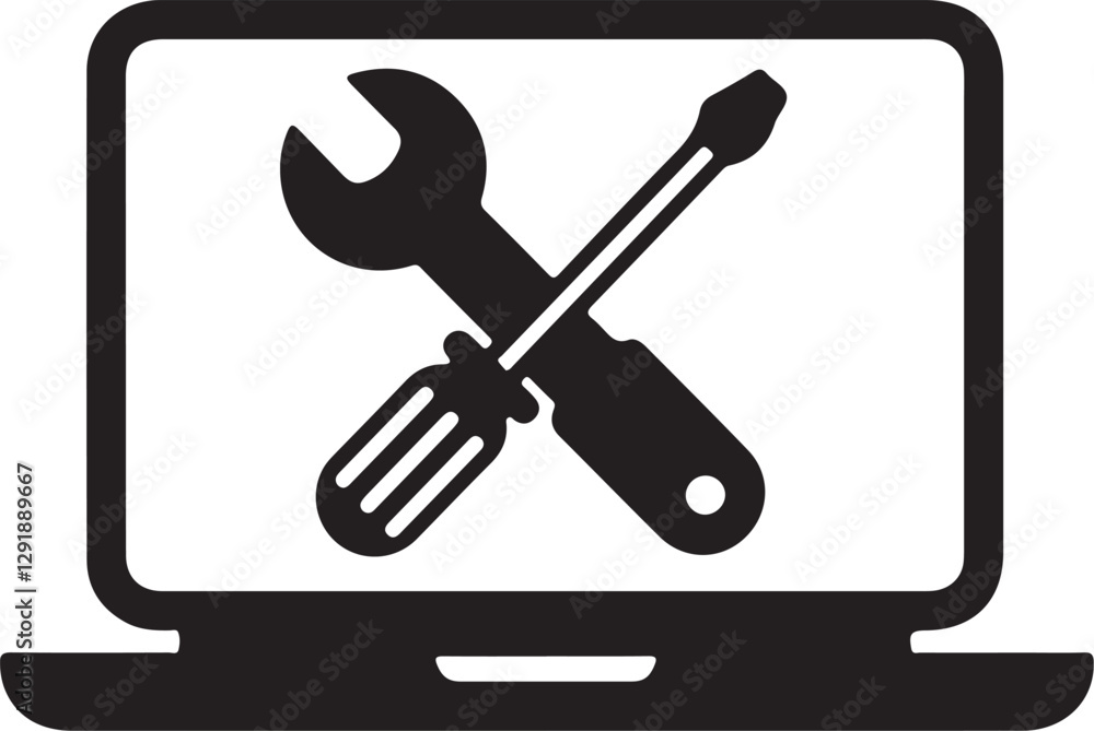 Computer Repair Vector Icon Wrench and Screwdriver on Laptop Screen, Minimalist Design Computer Repair Vector Icon Wrench and Screwdriver on Laptop Screen, Minimalist Design