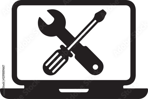 Computer Repair Vector Icon  Wrench and Screwdriver on Laptop Screen, Minimalist Design