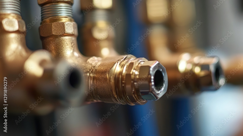 Close-up of brass plumbing fittings and valves. Close-up of brass plumbing fittings and valves.