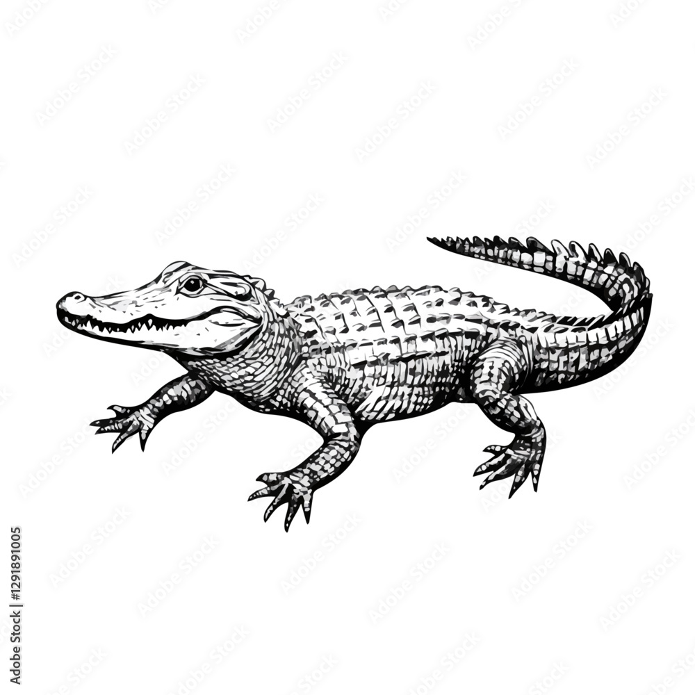 Crocodile minimalist 2D vector graphic illustration sketch on a white background.
Crocodile minimalist 2D vector graphic illustration sketch on a white background.