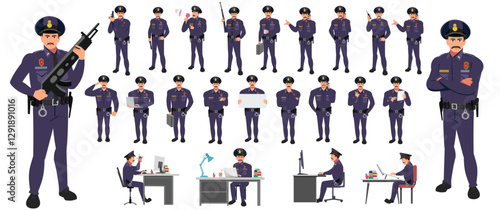 
Police Officer Character Design Model Sheet. Man, Character design. Front, side, back view and explainer animation poses. Character set with lip sync and Walk cycle animation sequences.
