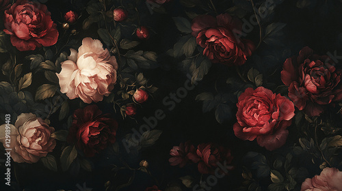Fototapeta Naklejka Na Ścianę i Meble -  Dark floral wallpaper with dramatic roses and peonies