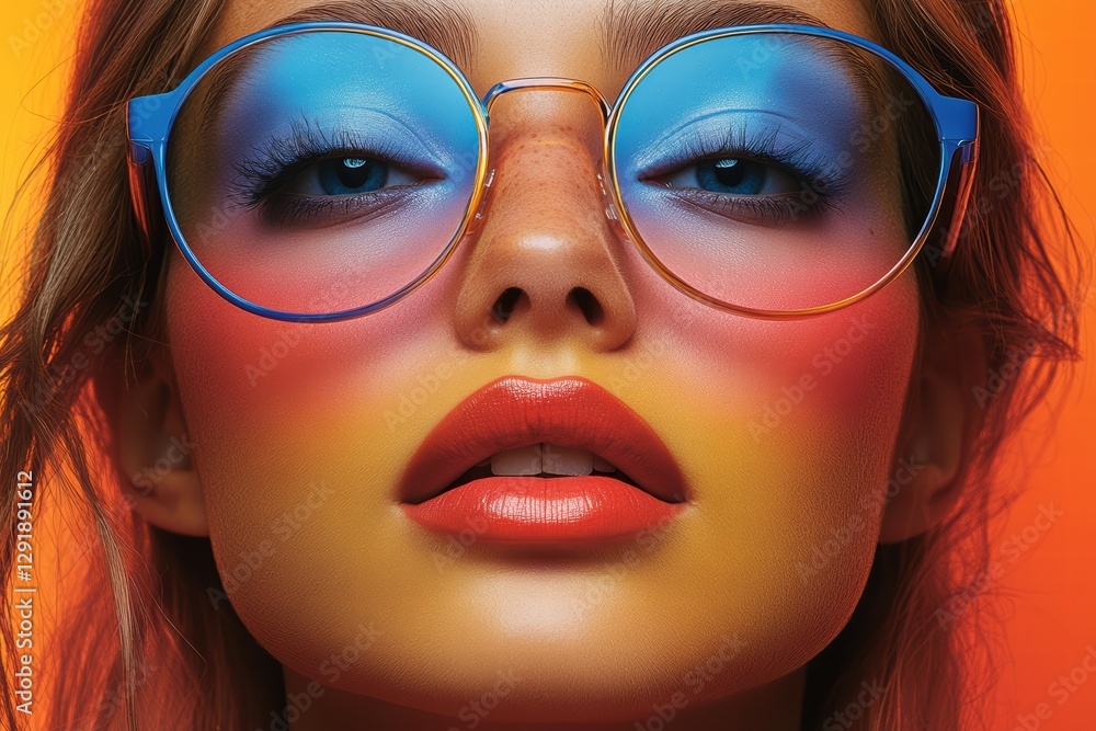 Bold and vibrant makeup display featuring colorful glasses and artistic colors on model Bold and vibrant makeup display featuring colorful glasses and artistic colors on model