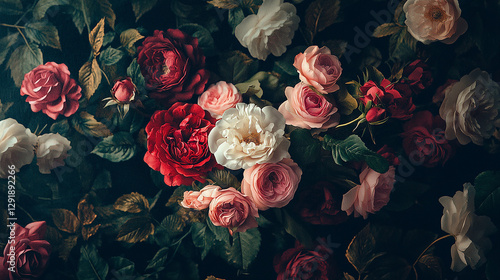 Fototapeta Naklejka Na Ścianę i Meble -  Dark floral wallpaper with dramatic roses and peonies