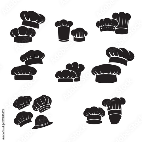  set black various style vector bakers hat, chef hat silhouettes