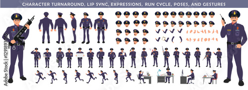 
Police Officer Character Design Model Sheet. Man, Character design. Front, side, back view and explainer animation poses. Character set with lip sync and Walk cycle animation sequences.
