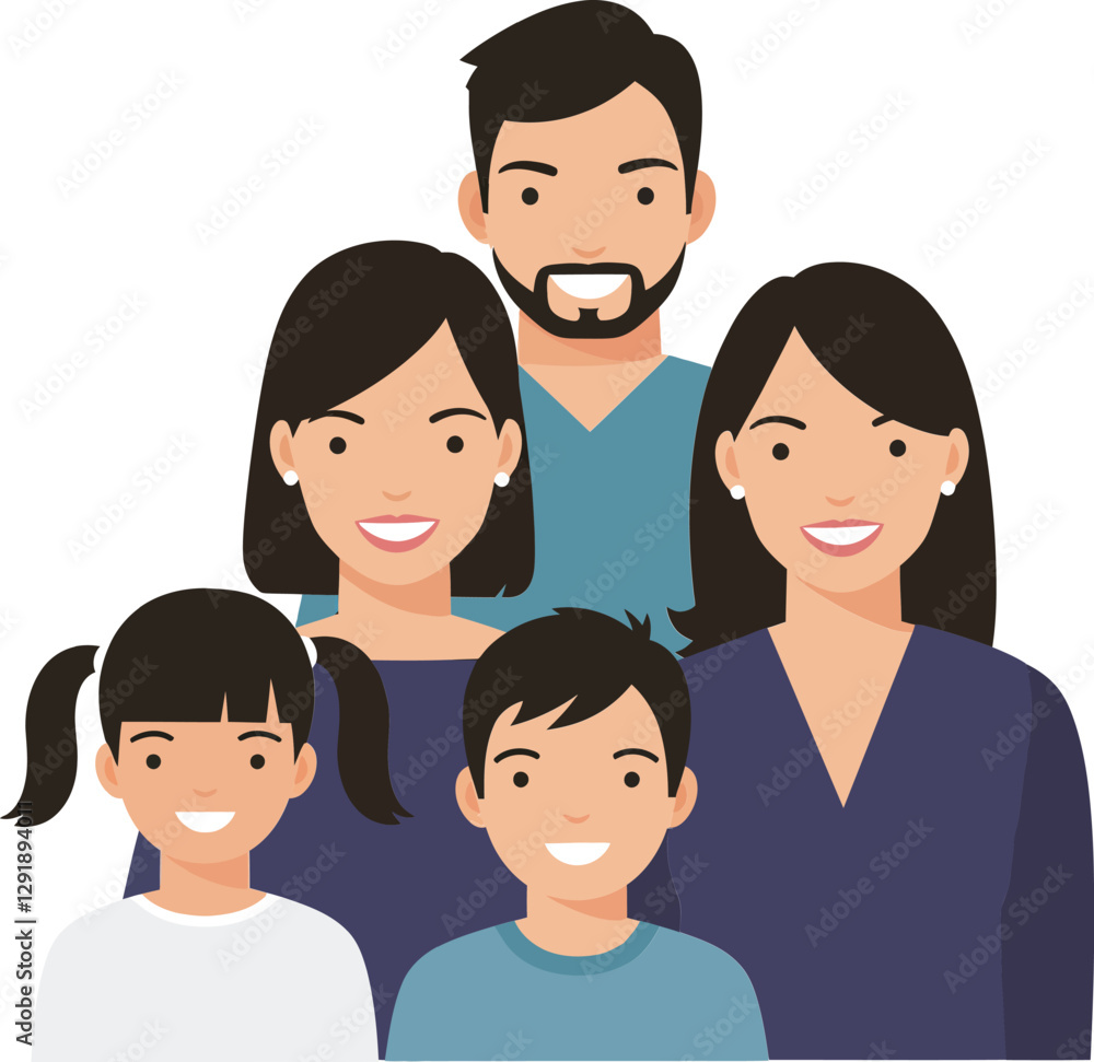 Happy family of five smiling together in a cheerful atmosphere with flat design vector art Happy family of five smiling together in a cheerful atmosphere with flat design vector art