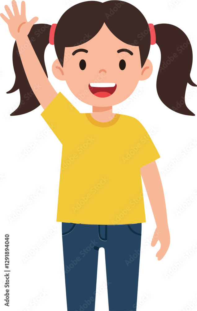 Cheerful young girl with pigtails waving happily in a bright yellow shirt and blue jeans, illustrated in a flat vector art style Cheerful young girl with pigtails waving happily in a bright yellow shirt and blue jeans, illustrated in a flat vector art style