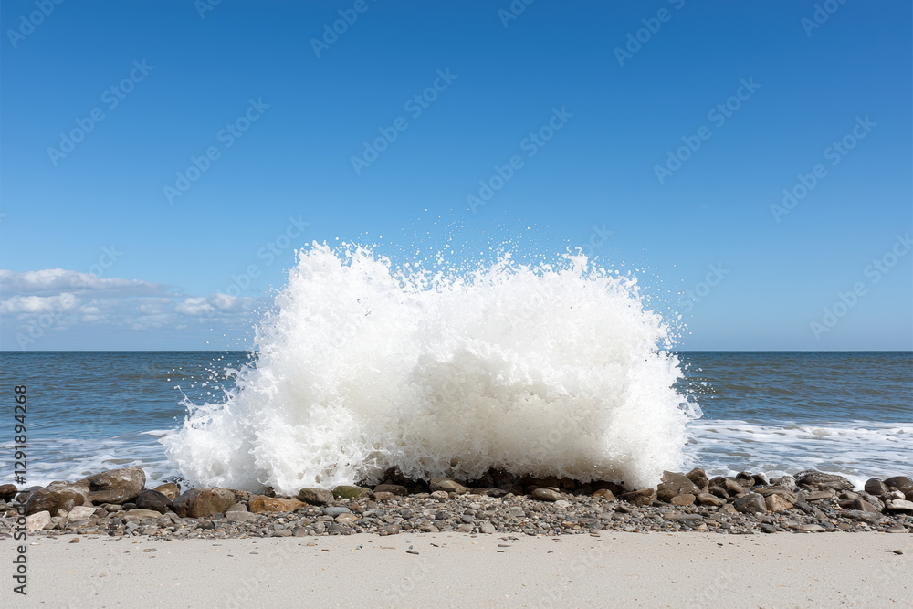 Fototapeta premium powerful wave crashing against rocks, creating dramatic splash of foam under clear blue sky