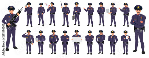 
Police Officer Character Design Model Sheet. Man, Character design. Front, side, back view and explainer animation poses. Character set with lip sync and Walk cycle animation sequences.
