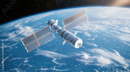 A minimalist futuristic space station floating above Earth, processing and relaying digital data streams in real time