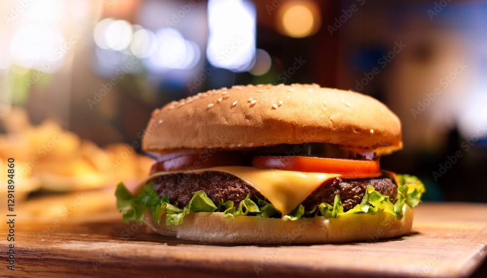 Burger Bliss: Fresh Hamburger in a Cozy Burger Shop Setting Burger Bliss: Fresh Hamburger in a Cozy Burger Shop Setting