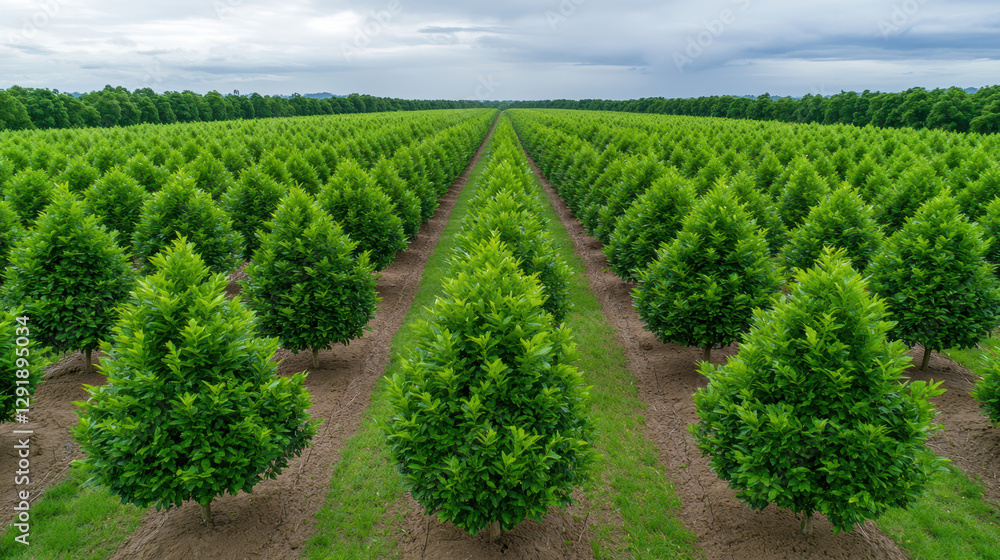 Naklejka premium Aerial view of lush reforestation project with rows of green trees