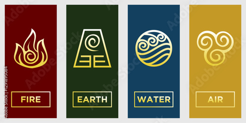 Background with 4 elements image. Design avatars of the elements of fire, earth, water, and air. 4 element banner, background, walpapper.
