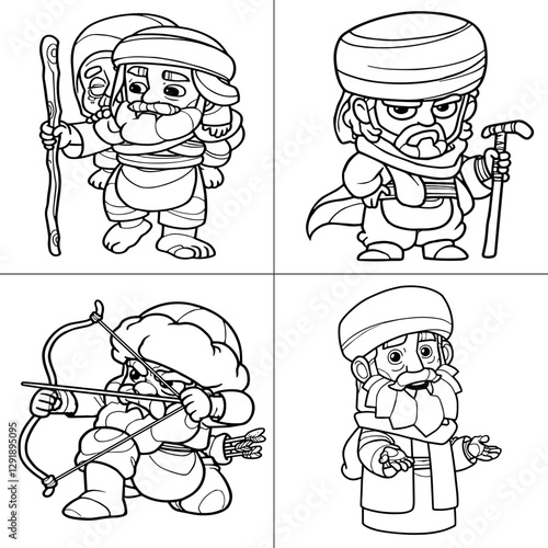 Chibi-Style Historical Middle Eastern Characters – Line Art Illustration