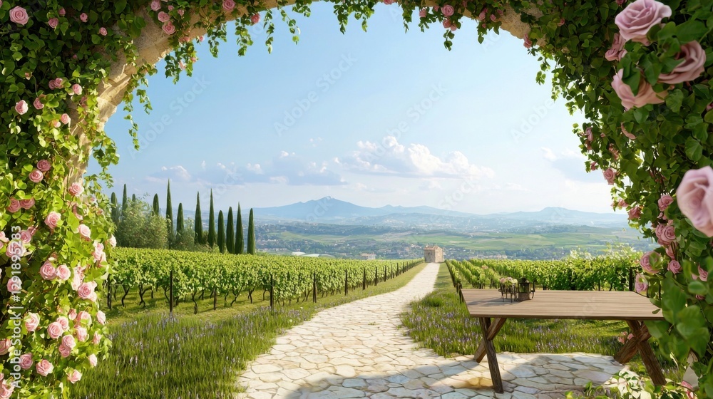 A picturesque Provence terrace framed by a blooming rose covered arch, with a rustic stone pathway leading to a wooden table, overlooking endless vineyards