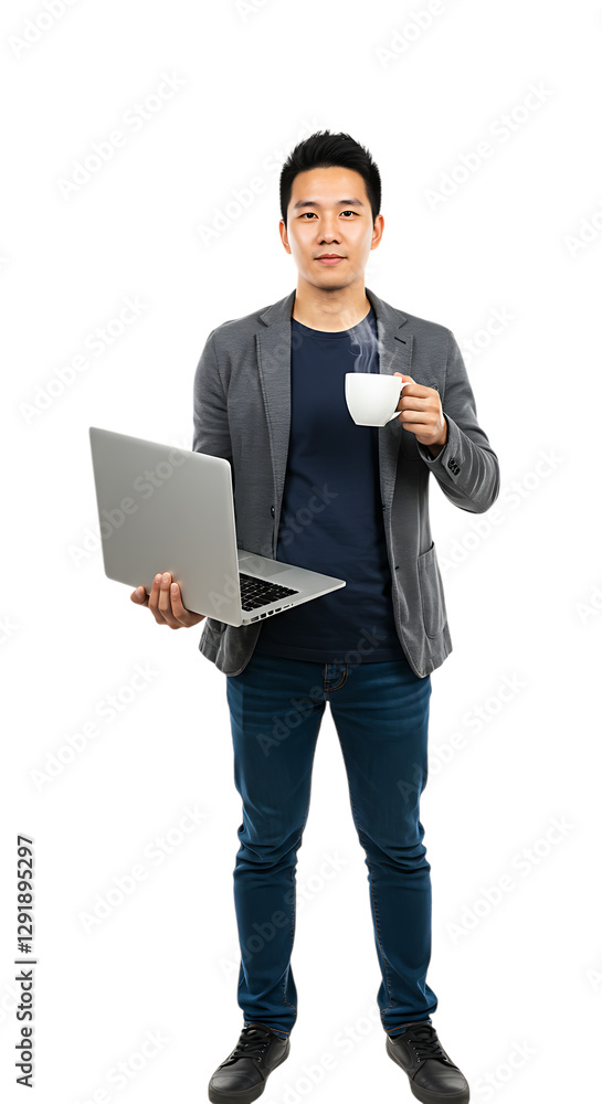 Asian Man Holding Laptop and Coffee Cup Standing on Black Background Asian Man Holding Laptop and Coffee Cup Standing on Black Background
