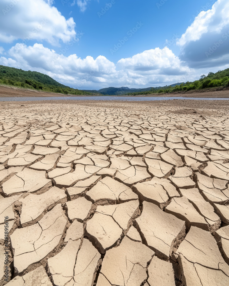Dry riverbed with cracked earth highlighting water scarcity and drought Dry riverbed with cracked earth highlighting water scarcity and drought