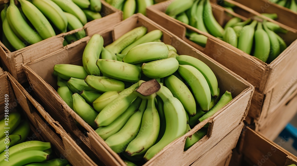 Fresh green bananas in wooden crates, warehouse setting Fresh green bananas in wooden crates, warehouse setting