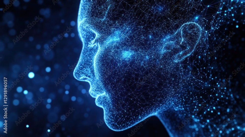 Abstract digital female face profile, glowing blue network. Abstract digital female face profile, glowing blue network.