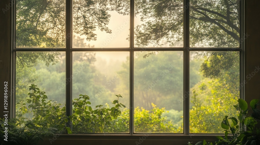 Sunrise view from window, lush greenery, tranquil scene Sunrise view from window, lush greenery, tranquil scene