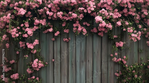 Springtime floral fence covered in blooming roses or cherry blossoms. 