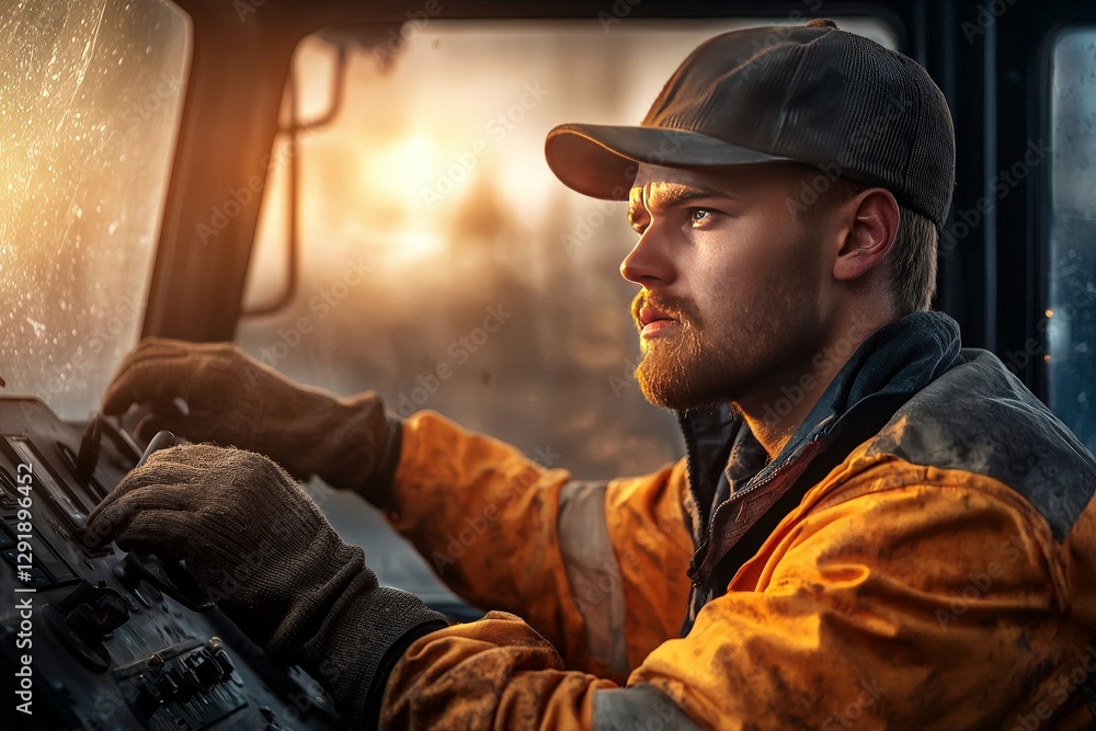 Fototapeta premium Determined Machinery Operator at Controls in Heavy Equipment Cabin