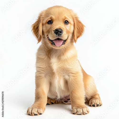 Adorable puppy sitting on a plain white background radiating joy and innocence with its bright eyes and fluffy coat