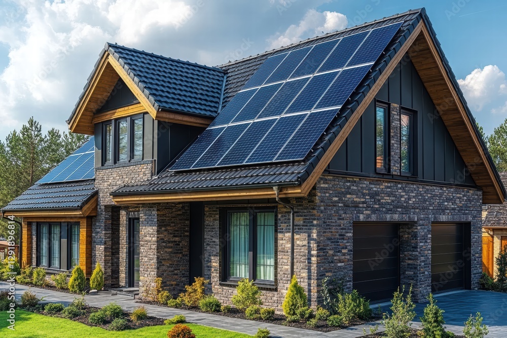 Modern home featuring tinted roof with solar panels in a serene landscape Modern home featuring tinted roof with solar panels in a serene landscape